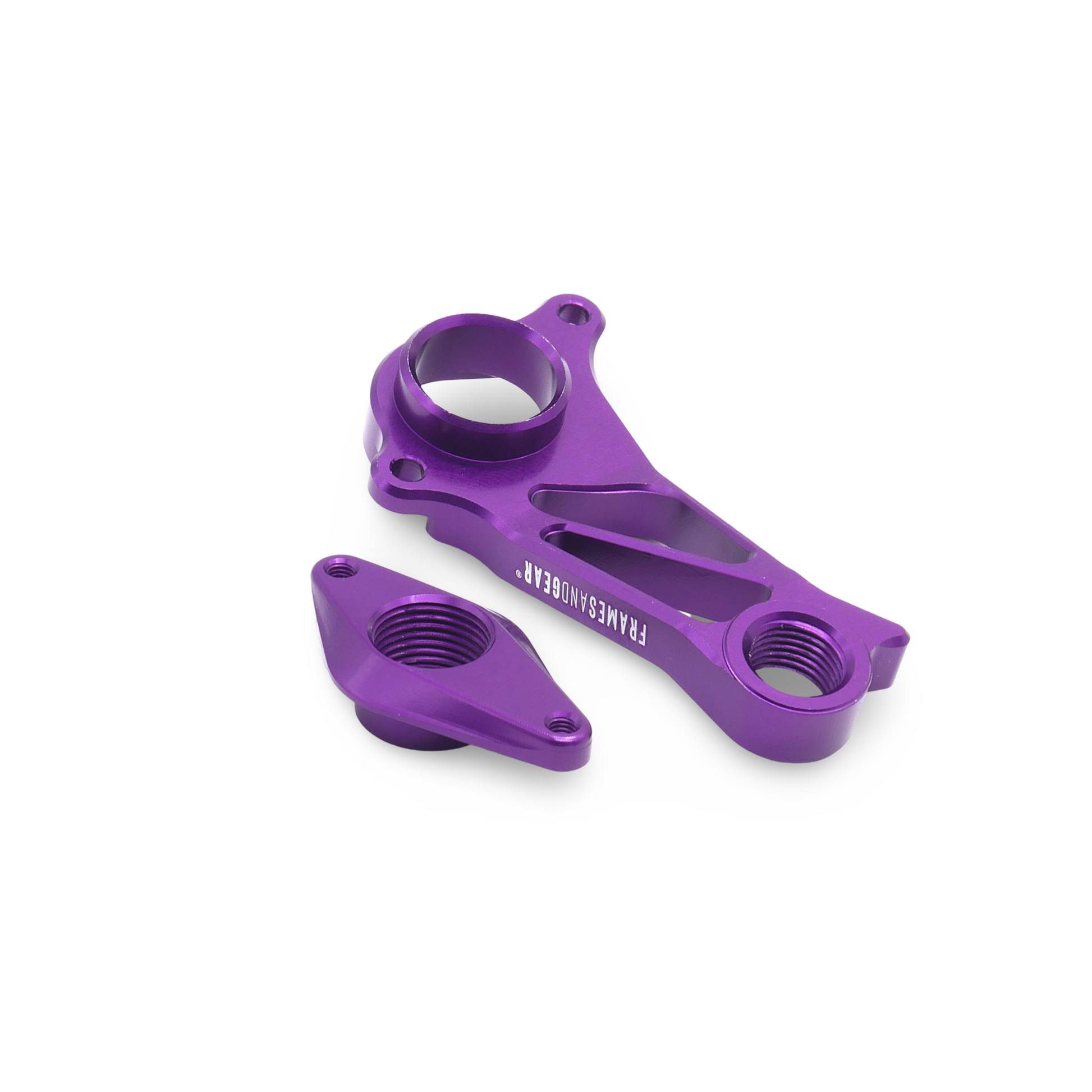 Close-up view of Shimano derailleur attached to Cannondale SuperSix EVO4 Disc Brake Derailleur Hanger (Purple)