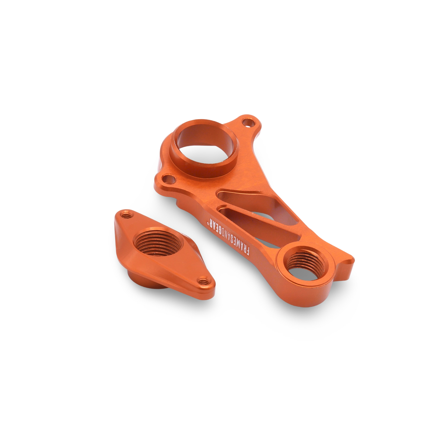 Close-up view of Shimano derailleur attached to Cannondale SuperSix EVO4 Disc Brake Derailleur Hanger (Orange)
