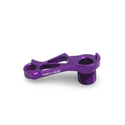 Close-up view of a Purple Cervelo disc brake direct mount derailleur hanger, highlighting its CNC machined aluminum construction.