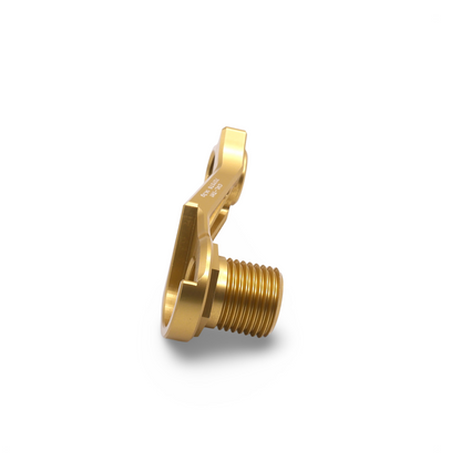 Lightweight Cervelo disc brake derailleur hanger (Gold) next to a ruler, demonstrating its sleek design and minimal weight.