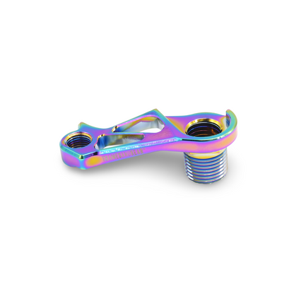 Close-up view of a Oilslick Cervelo disc brake direct mount derailleur hanger, highlighting its CNC machined aluminum construction.